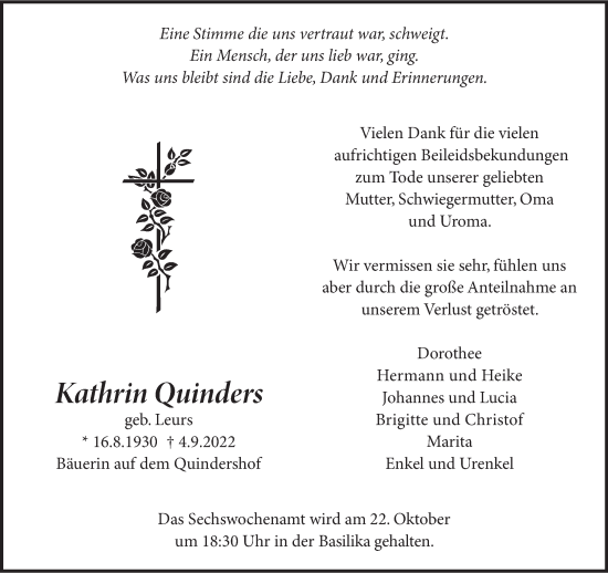 Traueranzeige von Kathrin Quinders 