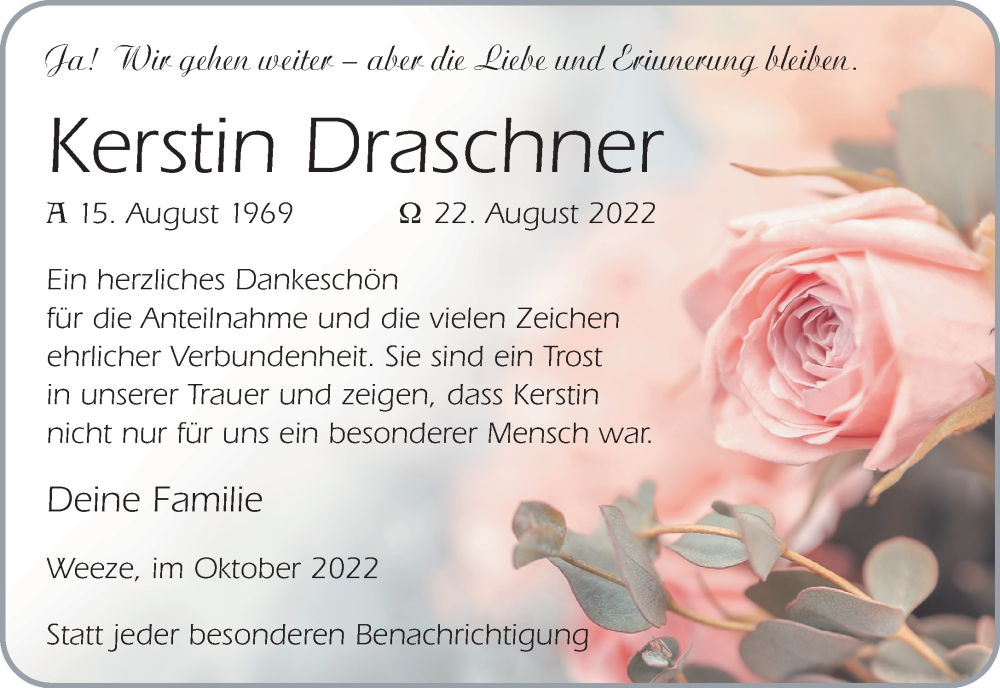 Traueranzeige für Kerstin Draschner vom 08.10.2022 aus 