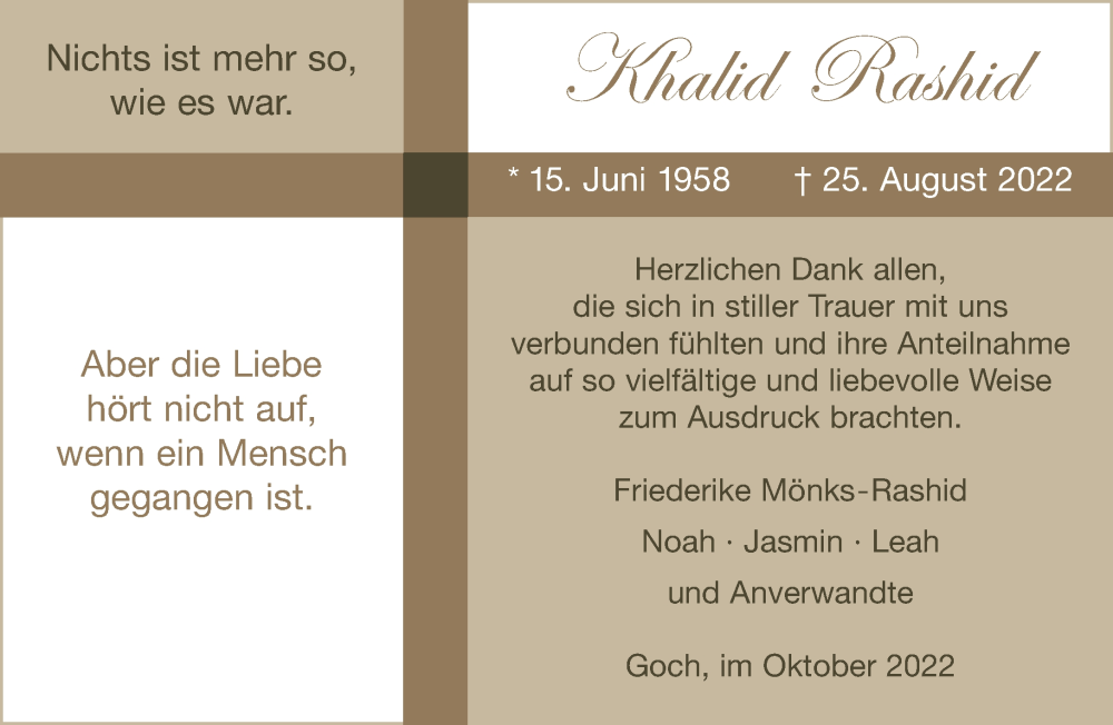  Traueranzeige für Khalid Rashid vom 15.10.2022 aus 