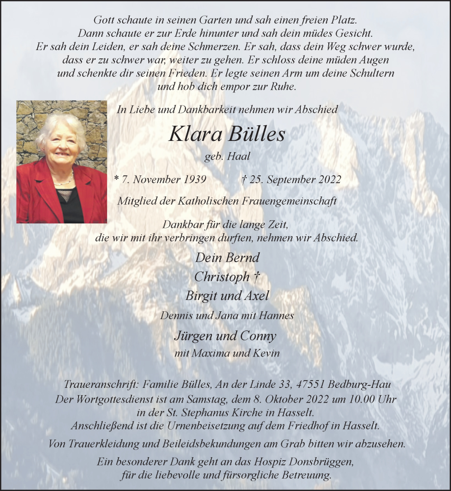  Traueranzeige für Klara Bülles vom 01.10.2022 aus 