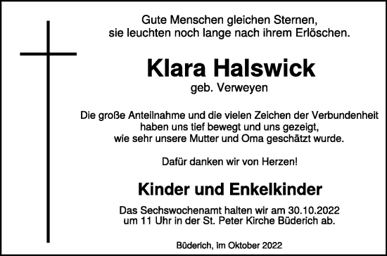 Traueranzeige von Klara Halswick 