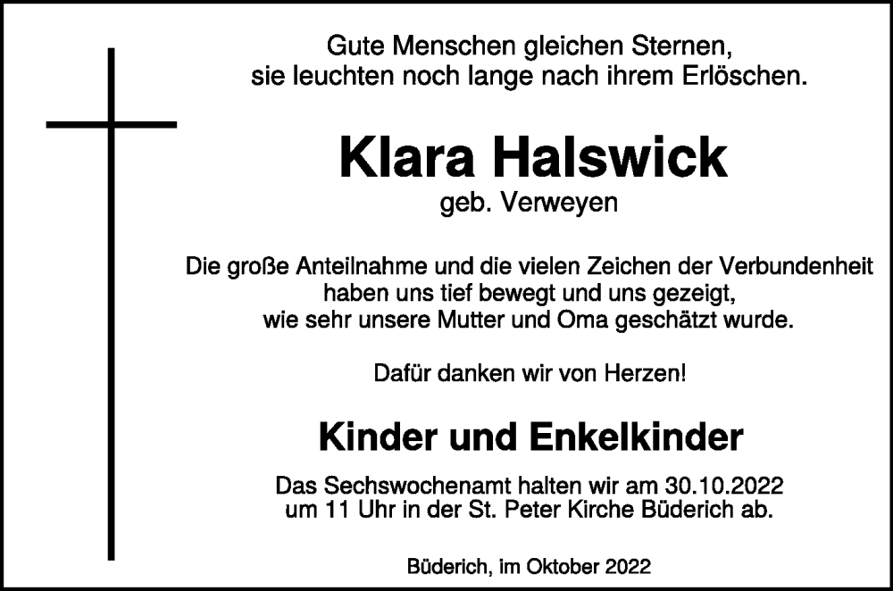  Traueranzeige für Klara Halswick vom 26.10.2022 aus 