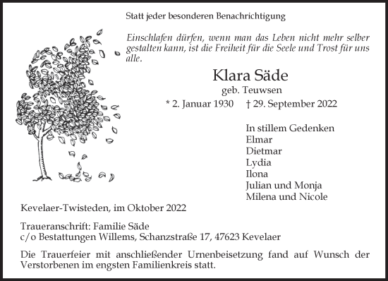 Traueranzeige von Klara Säde 