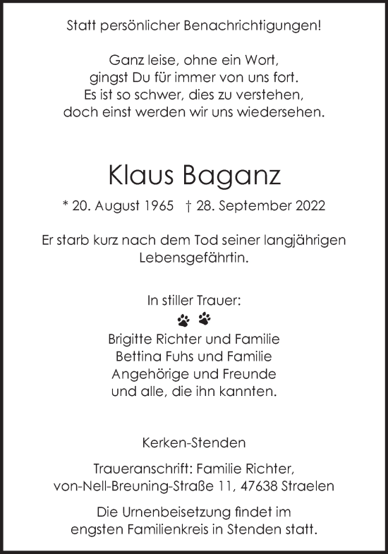 Traueranzeige von Klaus Baganz 
