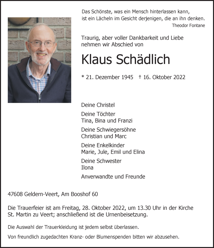  Traueranzeige für Klaus Schädlich vom 22.10.2022 aus 