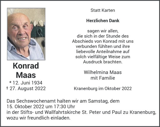 Traueranzeige von Konrad Maas 