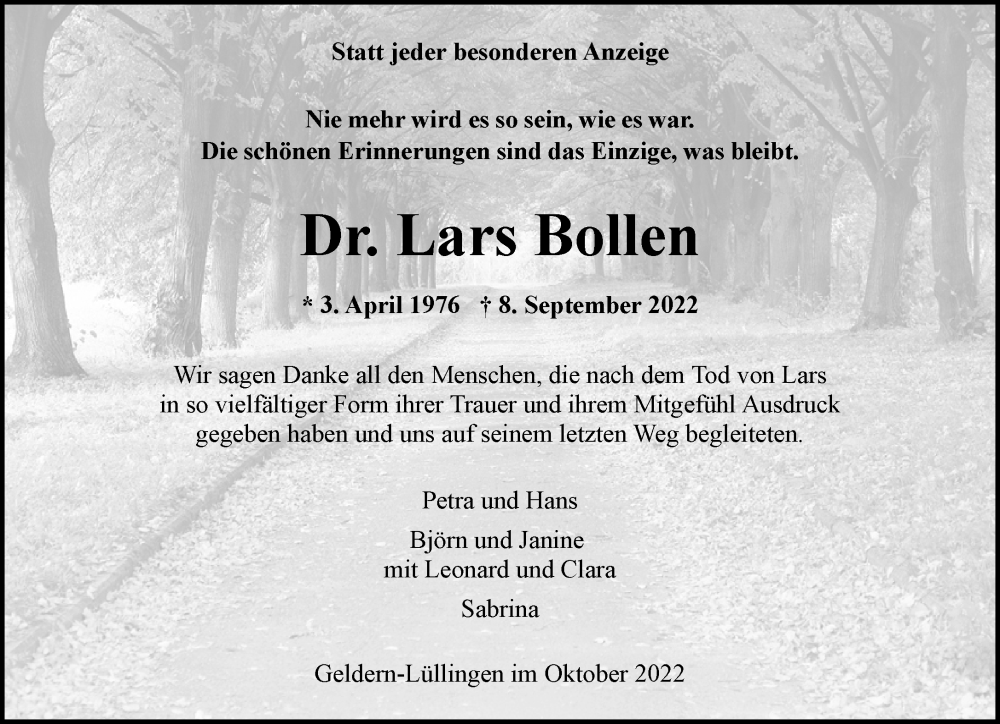  Traueranzeige für Lars Bollen vom 22.10.2022 aus 
