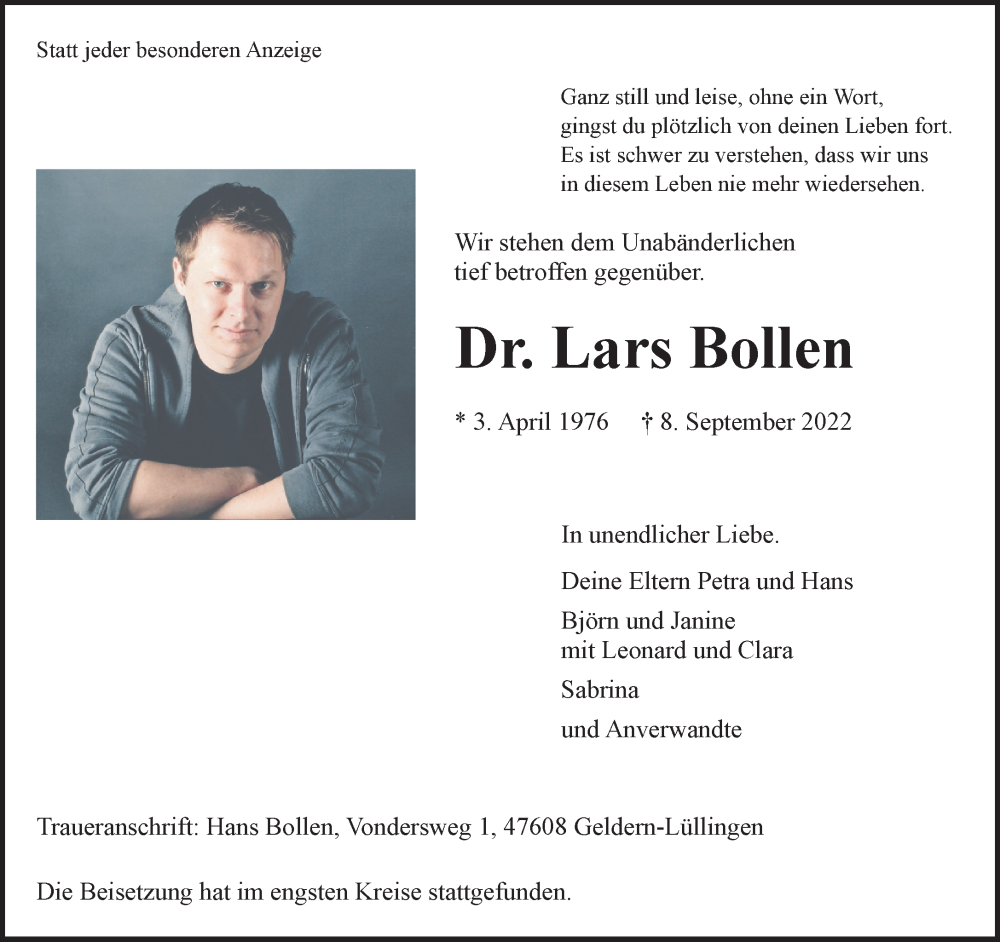  Traueranzeige für Lars Bollen vom 01.10.2022 aus 