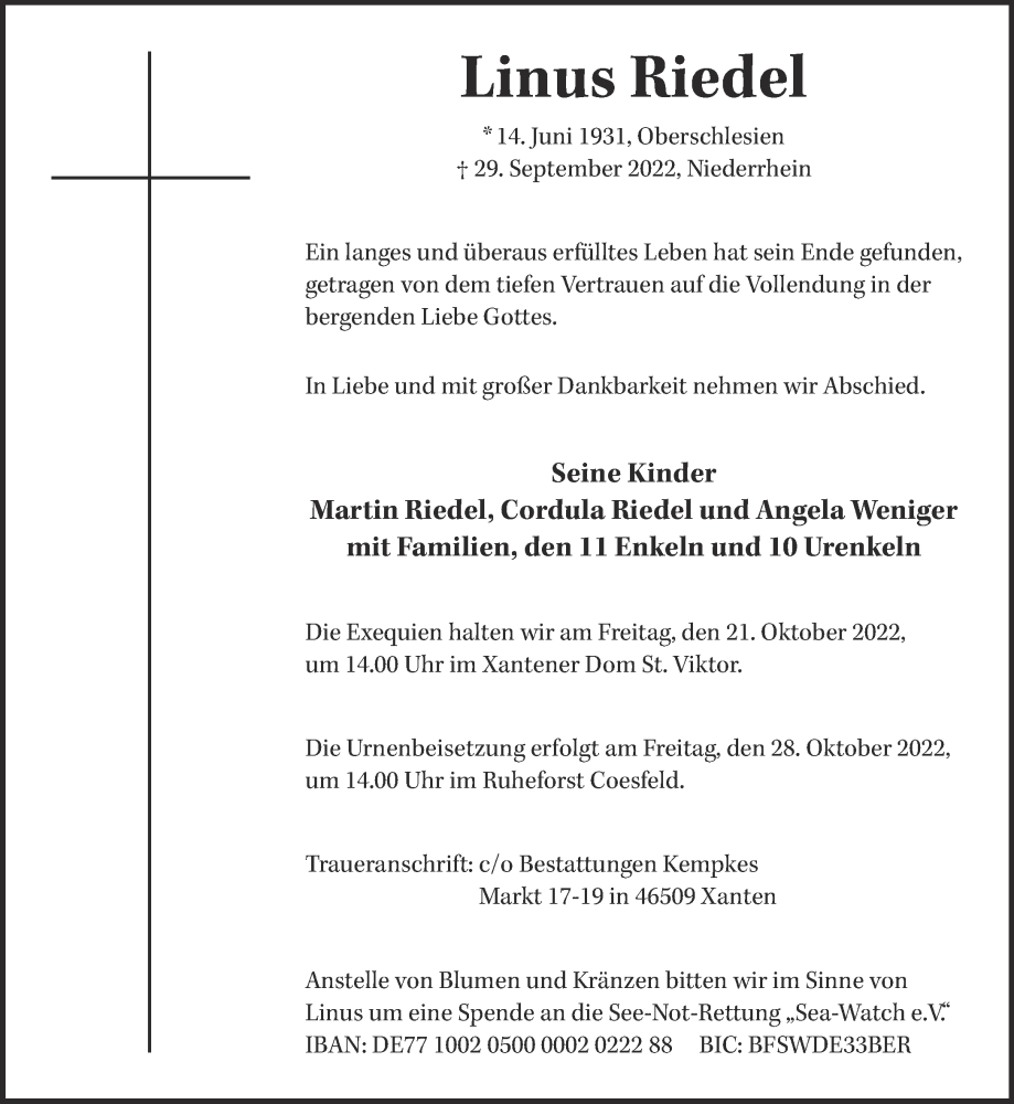  Traueranzeige für Linus Riedel vom 08.10.2022 aus 