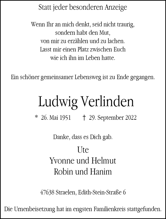 Traueranzeige von Ludwig Verlinden 