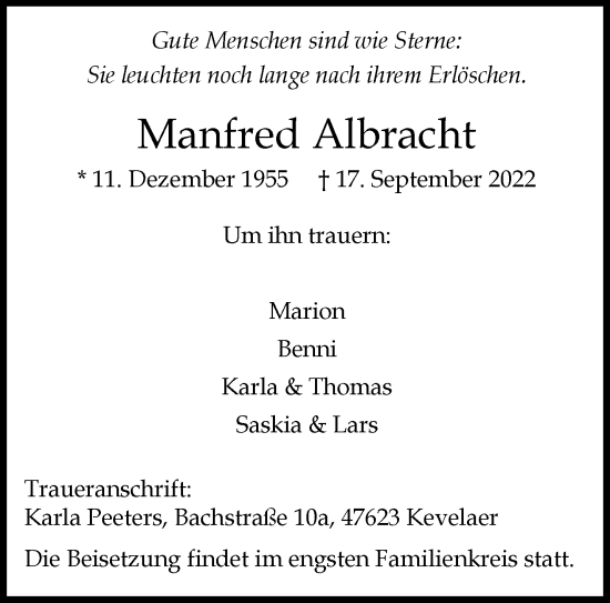 Traueranzeige von Manfred Albracht 