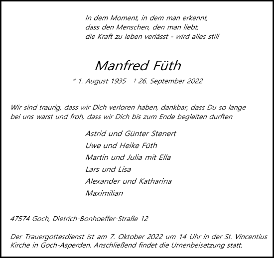 Traueranzeige von Manfred Füth 