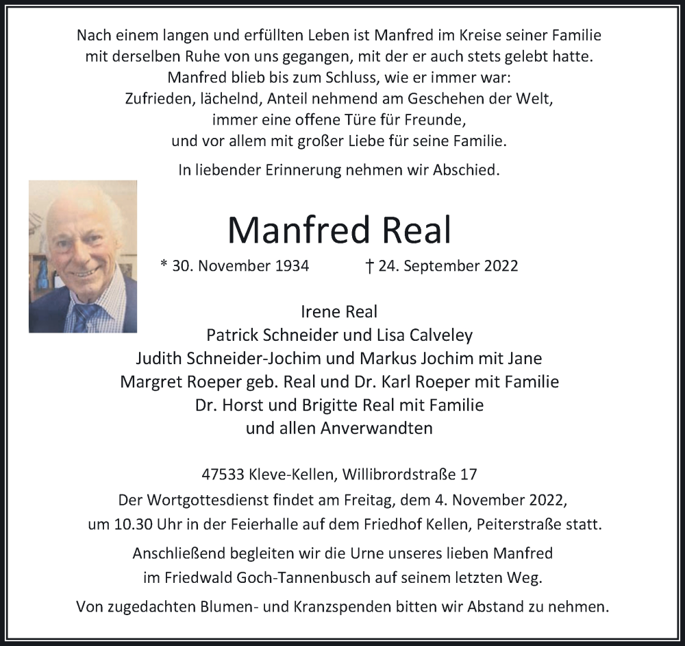  Traueranzeige für Manfred Real vom 22.10.2022 aus 