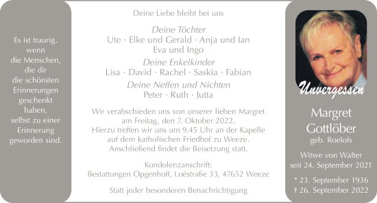 Traueranzeige von Margret Gottlöber 