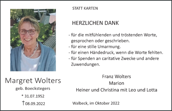 Traueranzeige von Margret Wolters 
