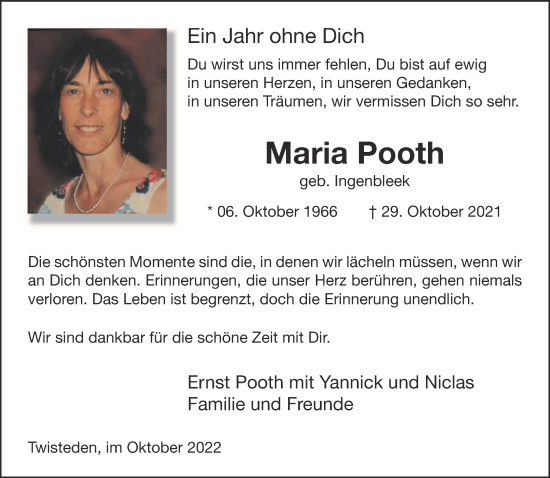 Traueranzeige von Maria Pooth 
