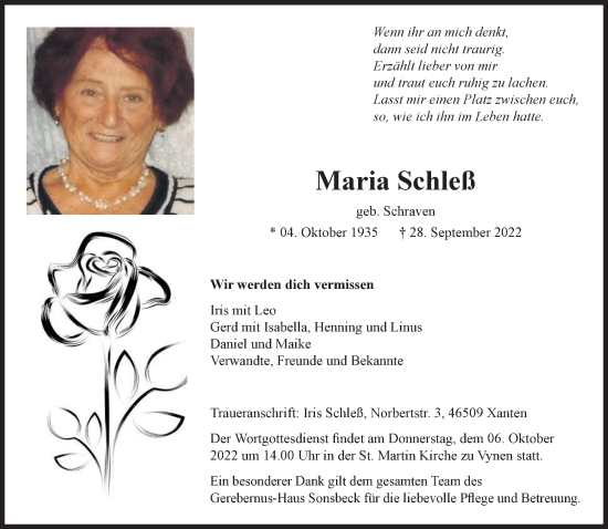 Traueranzeige von Maria Schleß 