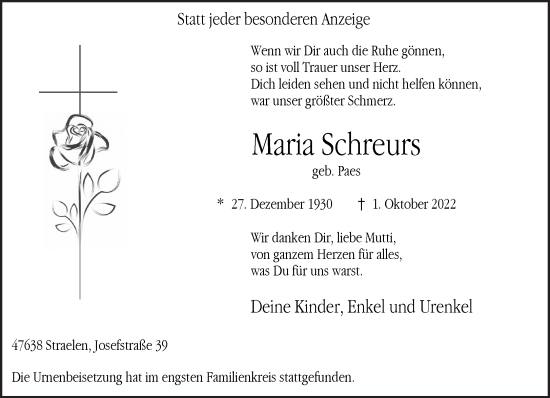 Traueranzeige von Maria Schreurs 
