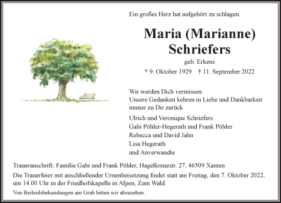 Traueranzeige von Maria Schriefers 