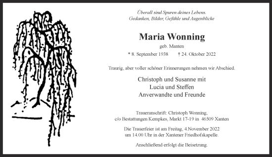 Traueranzeige von Maria Wonning 