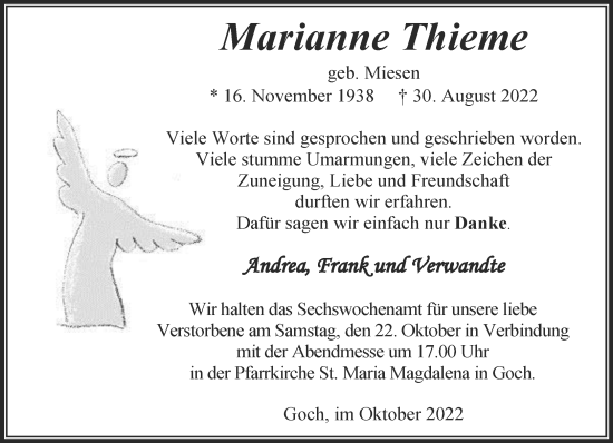 Traueranzeige von Marianne Thieme 