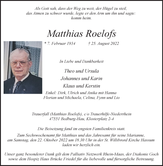 Traueranzeige von Matthias Roelofs 