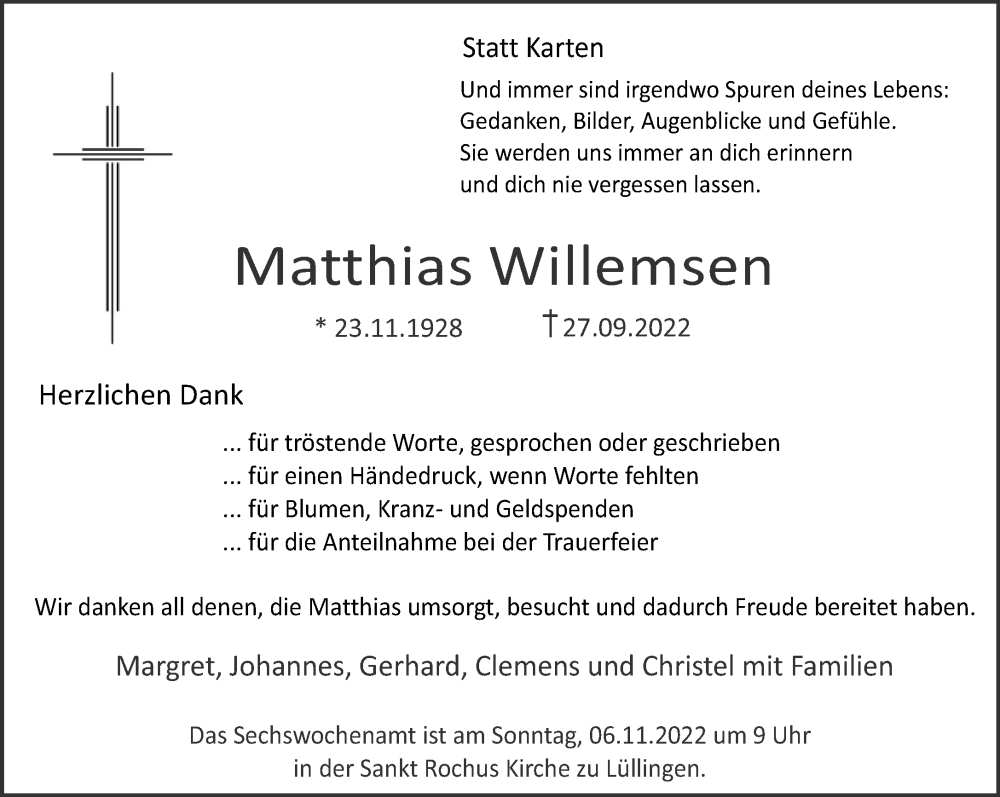  Traueranzeige für Matthias Willemsen vom 29.10.2022 aus 