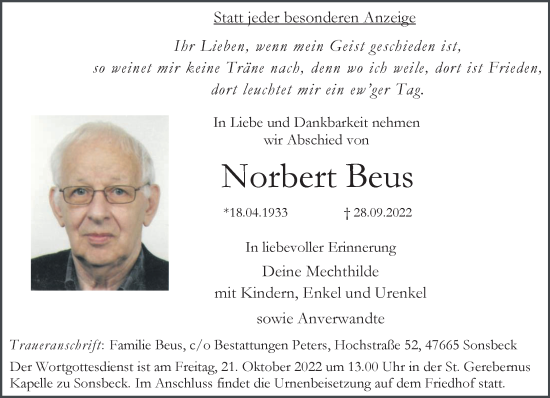 Traueranzeige von Norbert Beus 