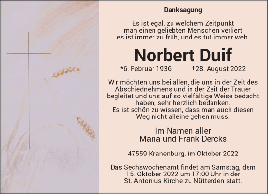 Traueranzeige von Norbert Duif 