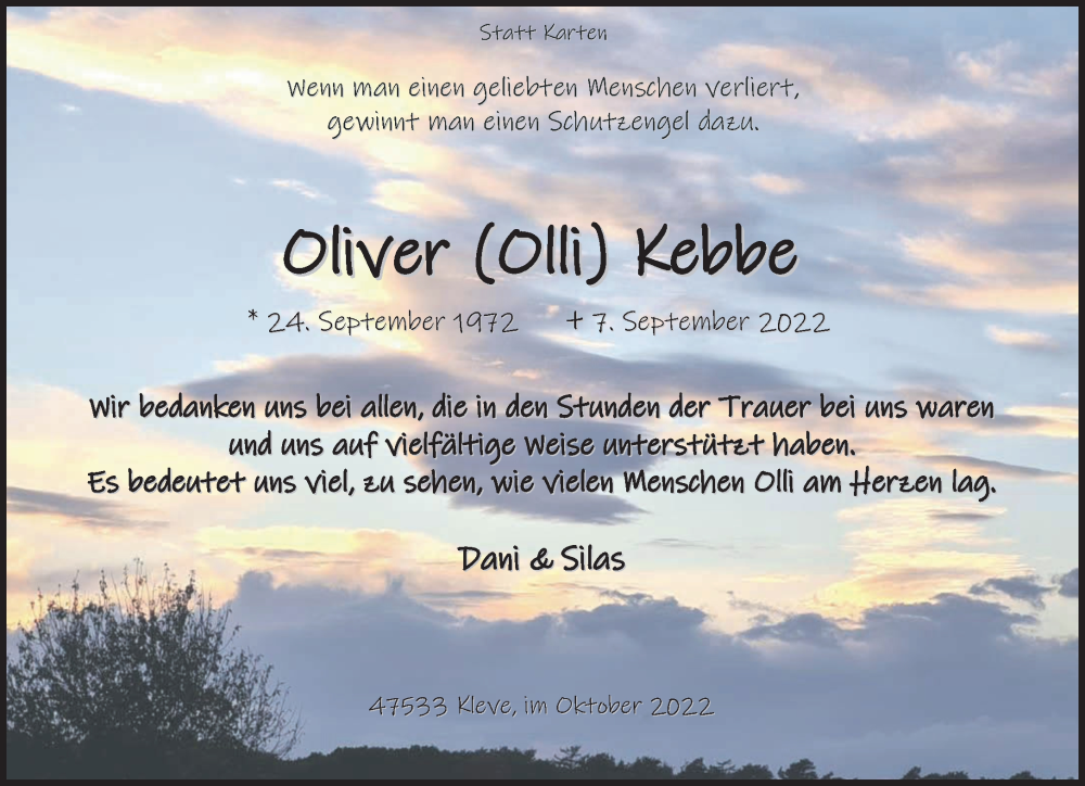  Traueranzeige für Oliver Kebbe vom 15.10.2022 aus 
