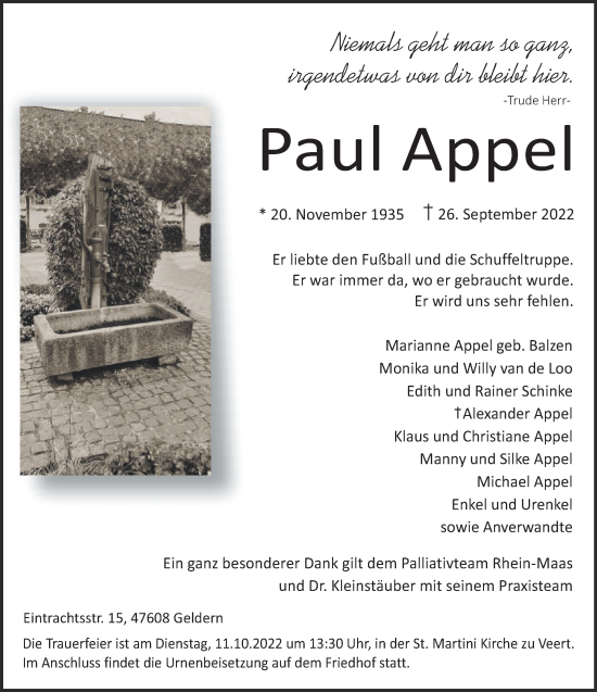 Traueranzeige von Paul Appel 