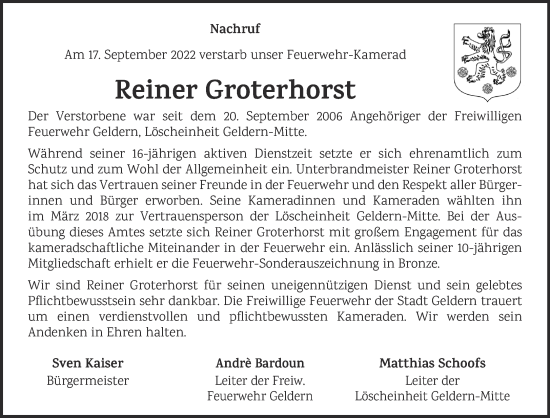 Traueranzeige von Reiner Groterhorst 