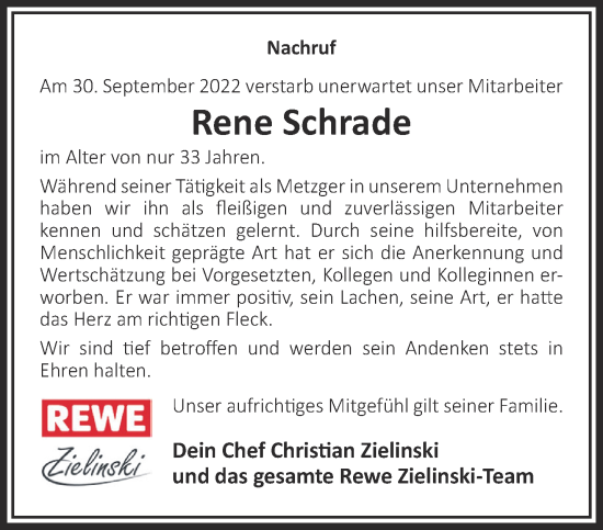 Traueranzeige von Rene Schrade 