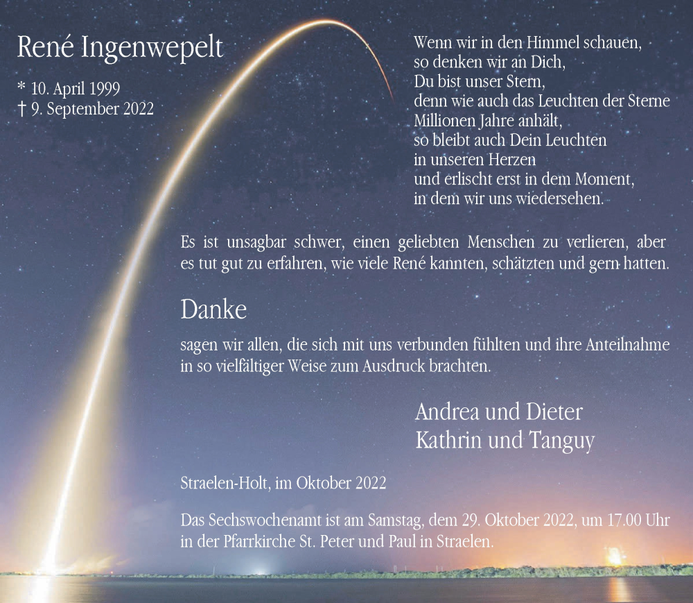  Traueranzeige für René Ingenwepelt vom 22.10.2022 aus 