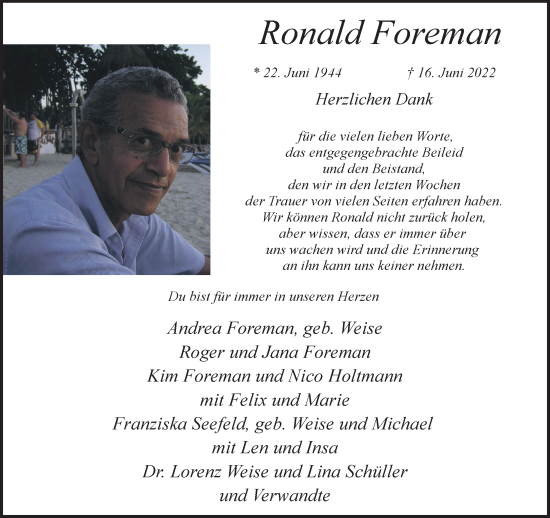 Traueranzeige von Ronald Foreman 