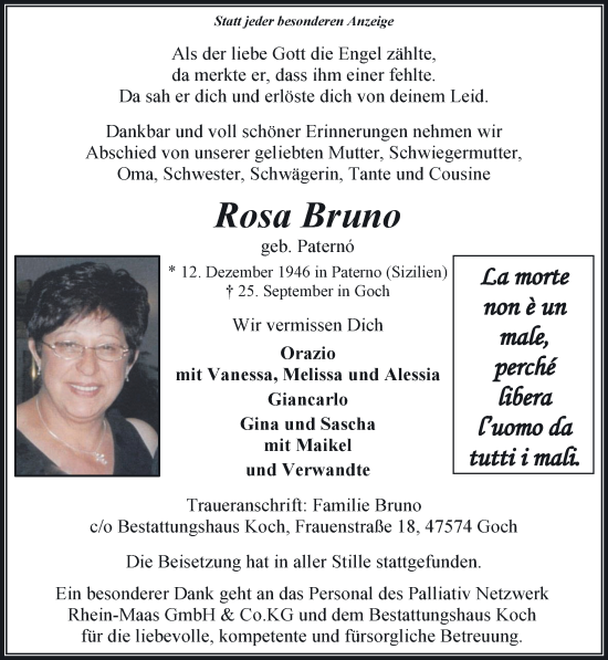 Traueranzeige von Rosa Bruno 