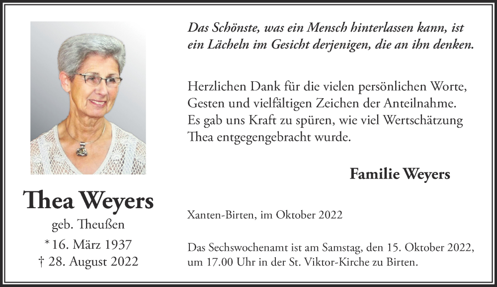  Traueranzeige für Thea Weyers vom 08.10.2022 aus 