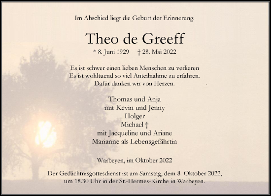 Traueranzeige von Theo de Greeff 
