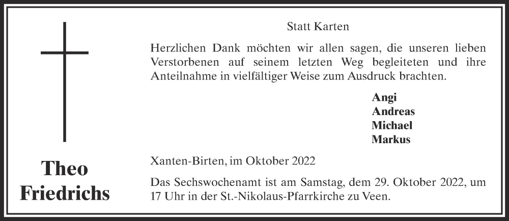  Traueranzeige für Theo Friedrichs vom 26.10.2022 aus 