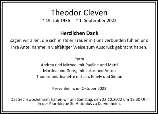 Traueranzeige von Theodor Cleven 