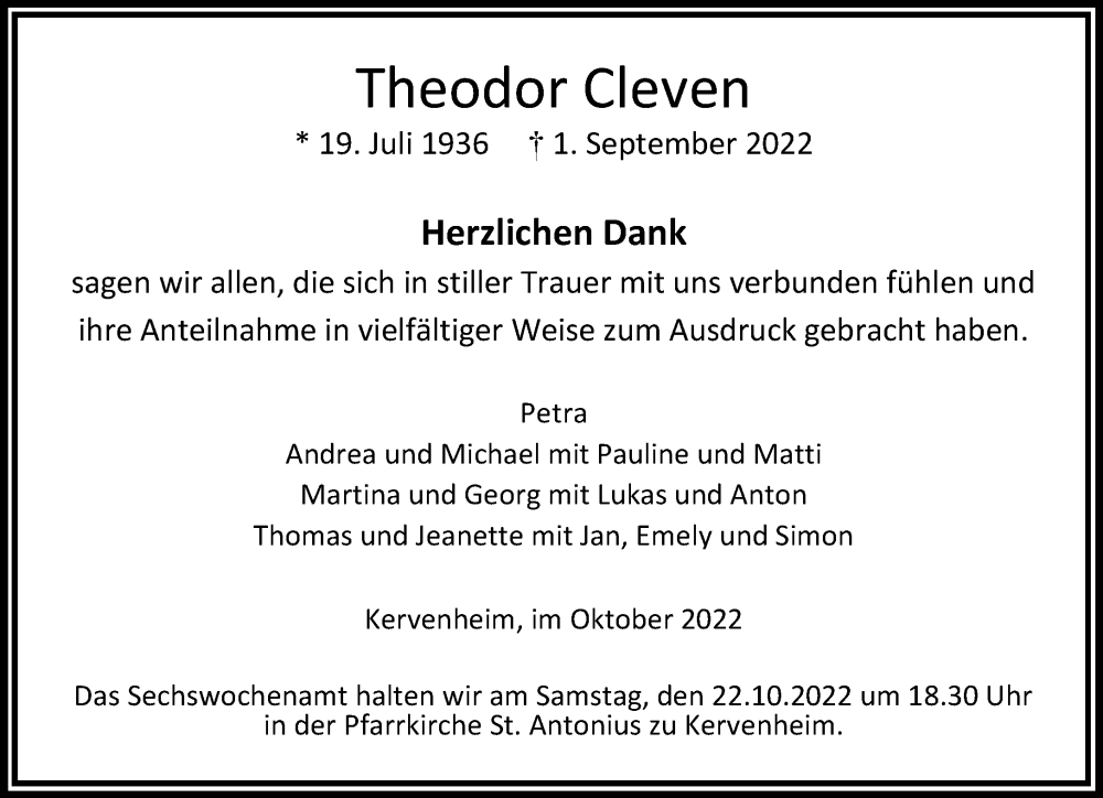  Traueranzeige für Theodor Cleven vom 15.10.2022 aus 