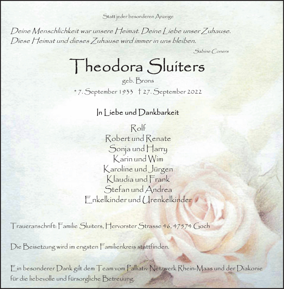  Traueranzeige für Theodora Sluiters vom 01.10.2022 aus 