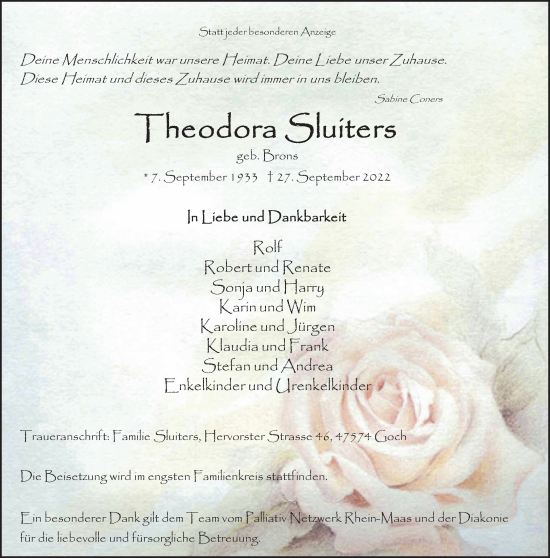 Traueranzeige von Theodora Sluiters 