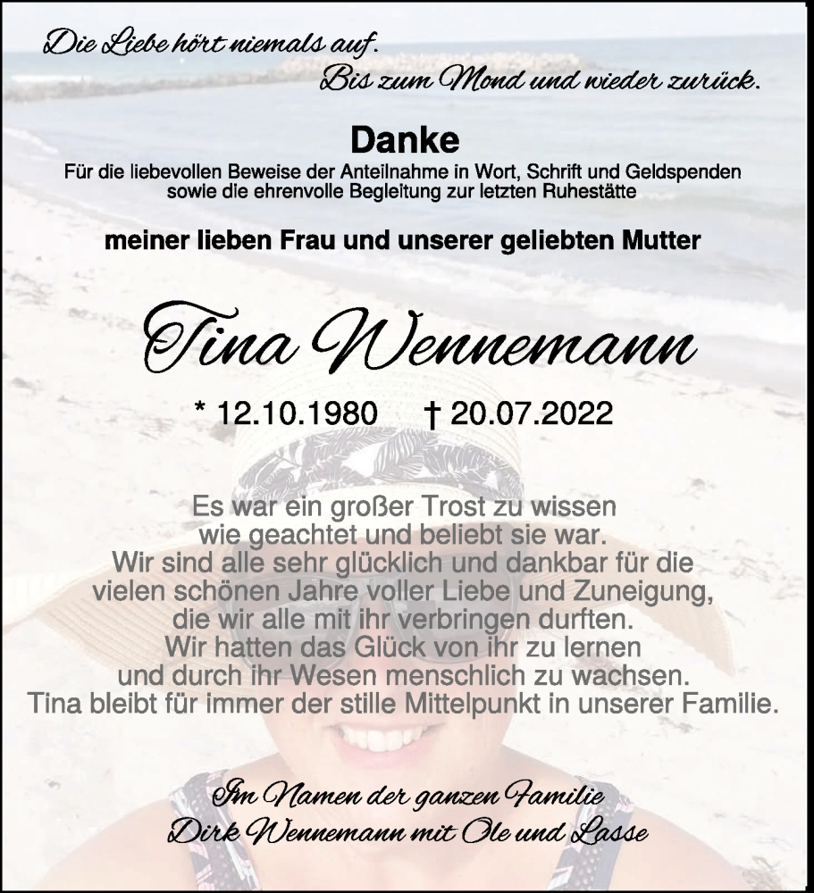  Traueranzeige für Tina Wennemann vom 12.10.2022 aus 