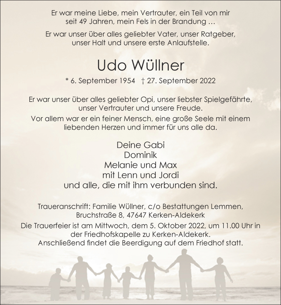  Traueranzeige für Udo Wüllner vom 01.10.2022 aus 