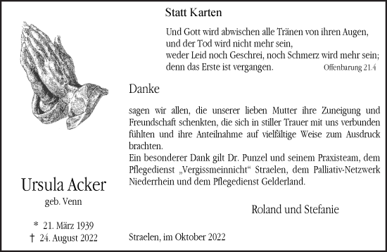 Traueranzeige von Ursula Acker 