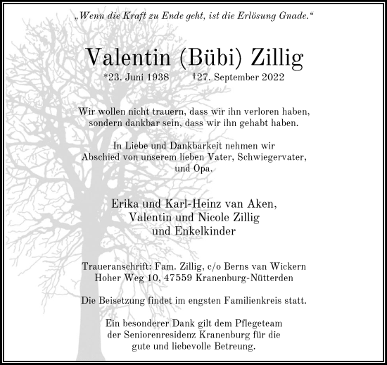 Traueranzeige von Valentin Zillig 