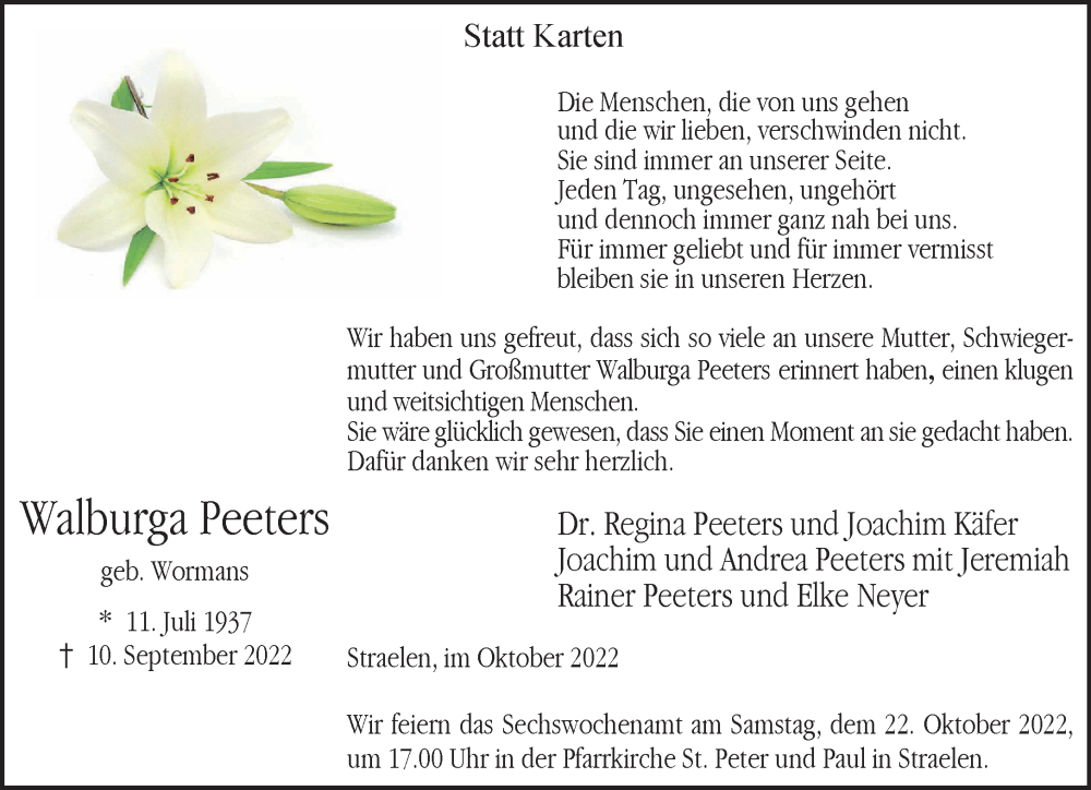  Traueranzeige für Walburga Peeters vom 15.10.2022 aus 