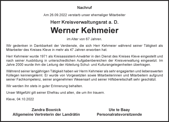 Traueranzeige von Werner Kehmeier 