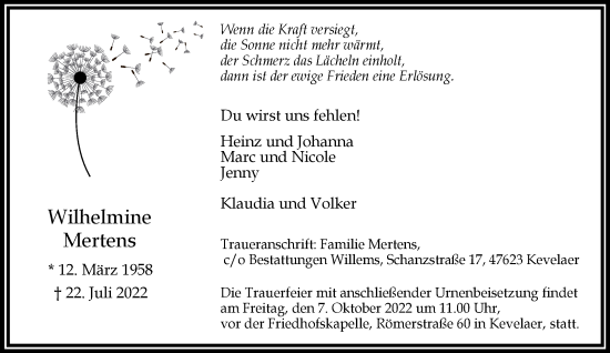 Traueranzeige von Wilhelmine Mertens 